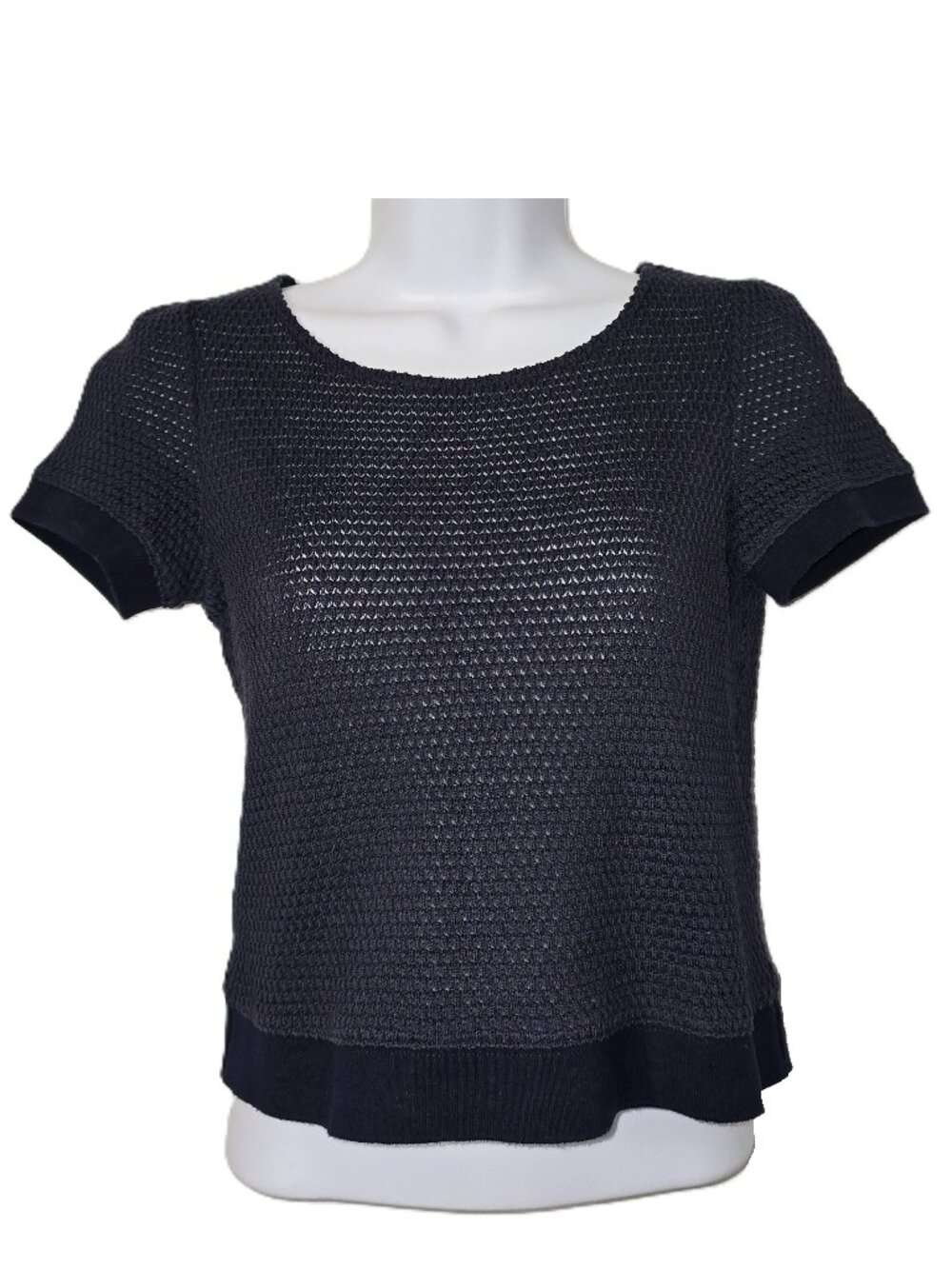 Anayi Japan Knit Crop Top S 38 Open Weave Cotton Blend Short Sleeve Navy Blue